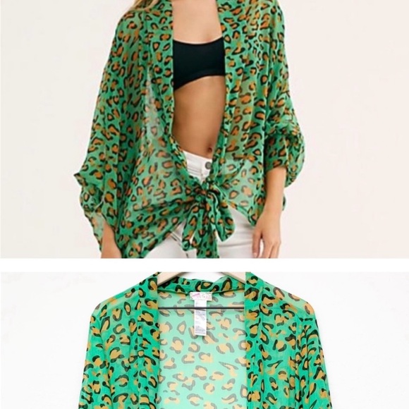 Free People Green Leopard Print Sheer Top - Picture 2 of 2